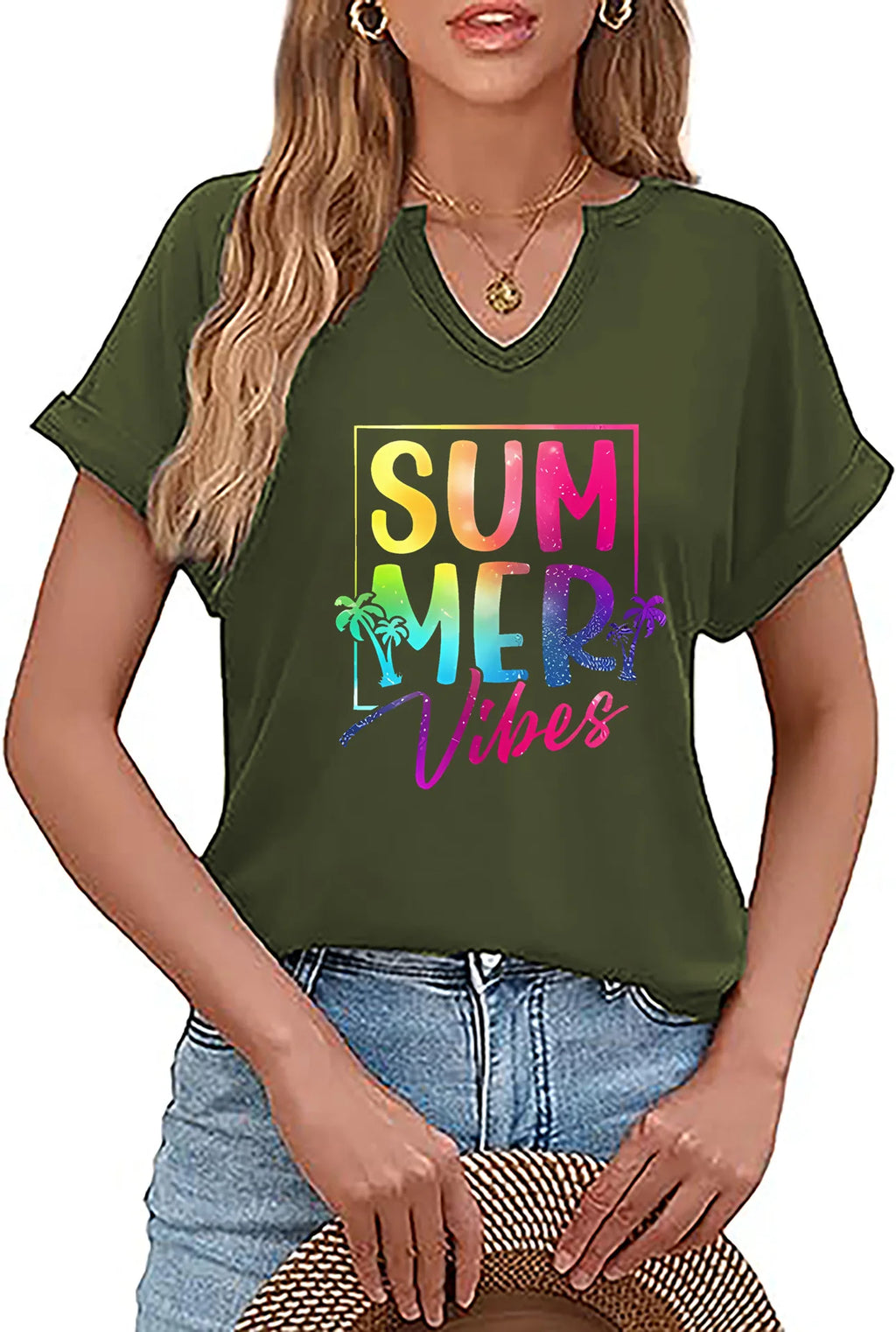 Summer Vibes V-neck T-shirt Positive Motivation Women's Top