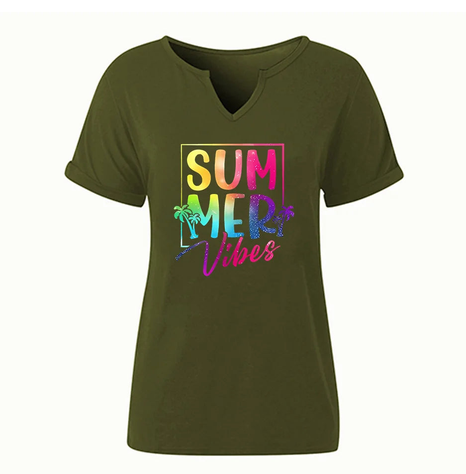 Summer Vibes V-neck T-shirt Positive Motivation Women's Top