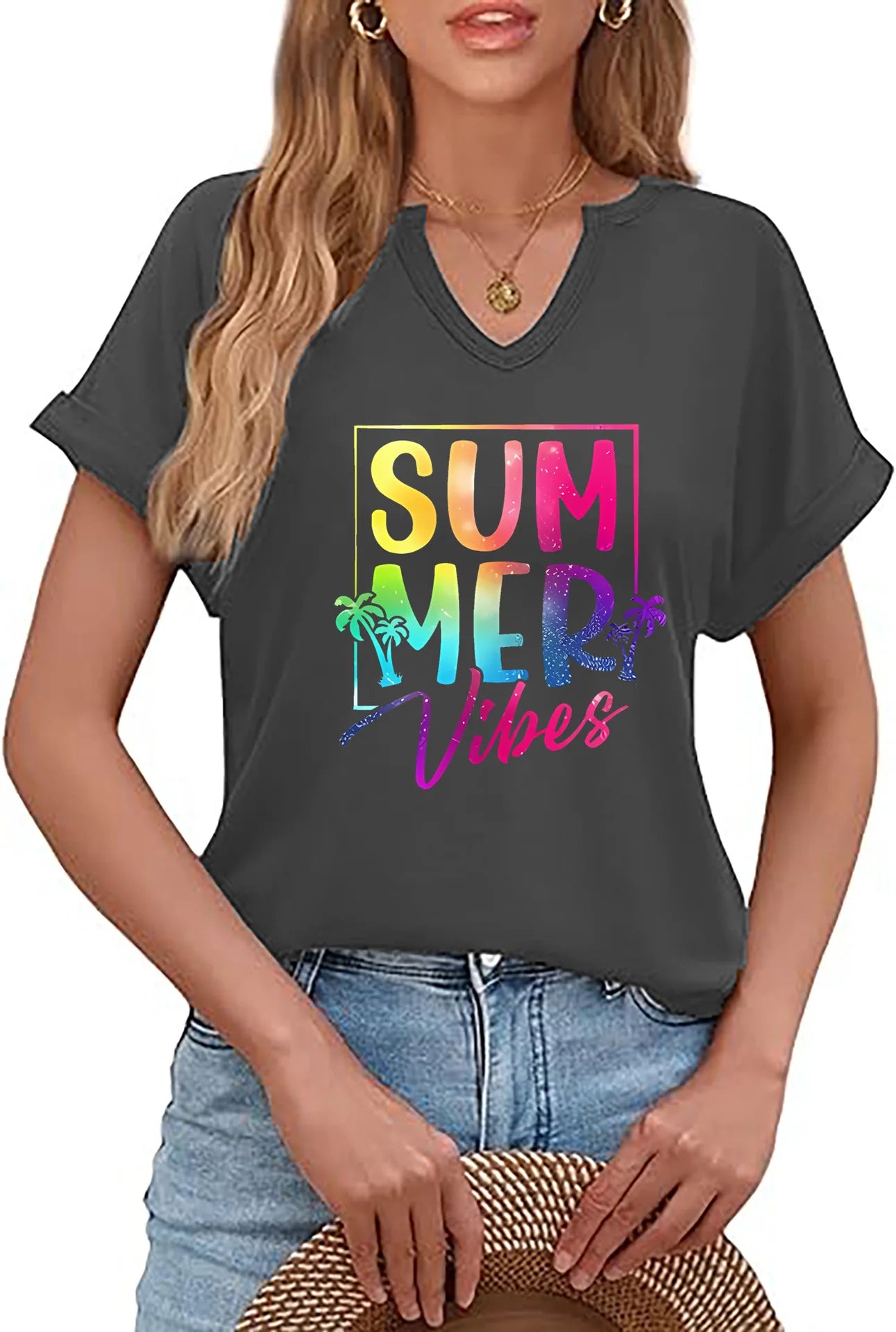 Summer Vibes V-neck T-shirt Positive Motivation Women's Top
