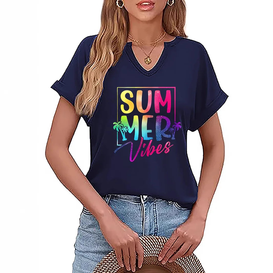 Summer Vibes V-neck T-shirt Positive Motivation Women's Top