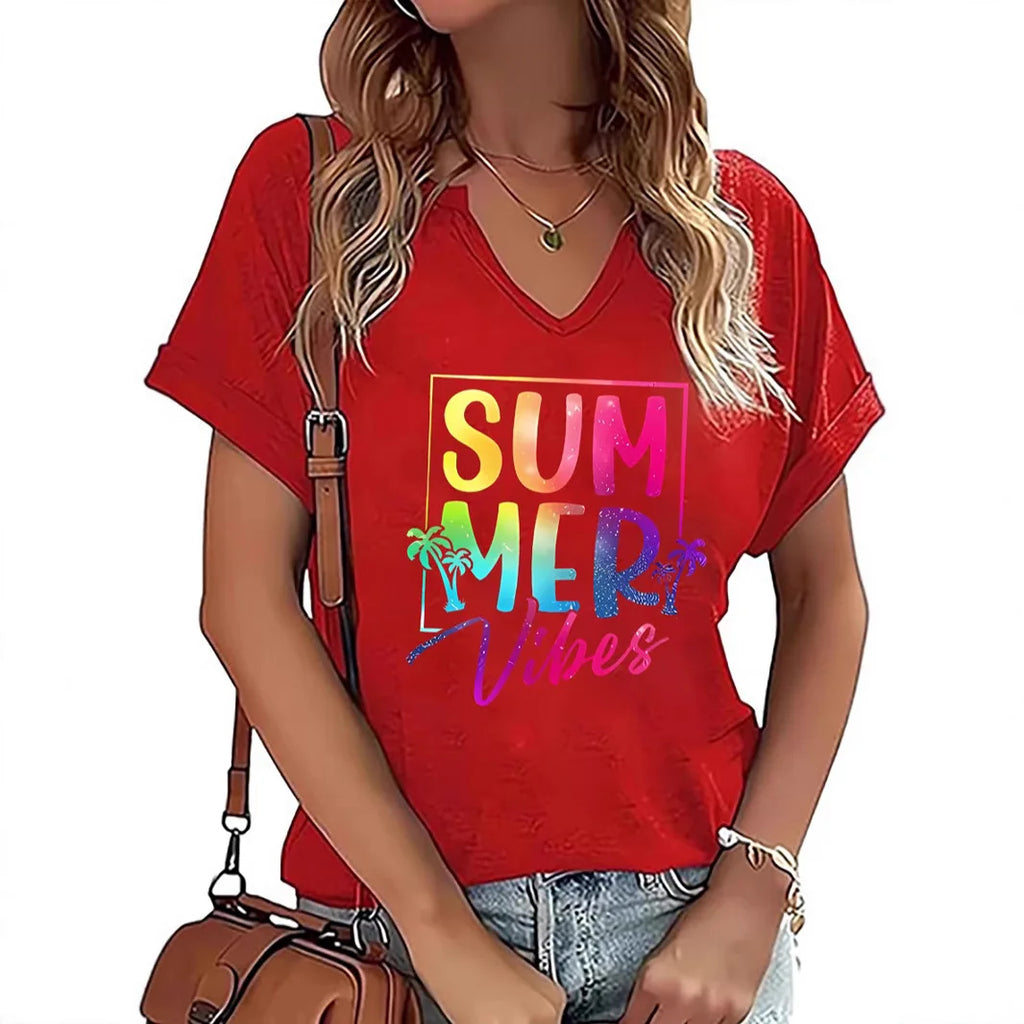 Summer Vibes V-neck T-shirt Positive Motivation Women's Top