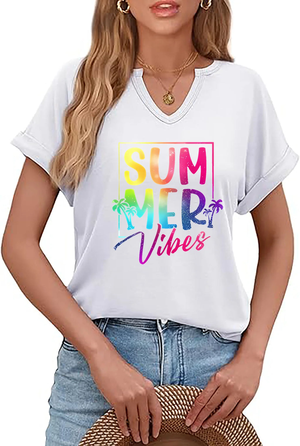 Summer Vibes V-neck T-shirt Positive Motivation Women's Top