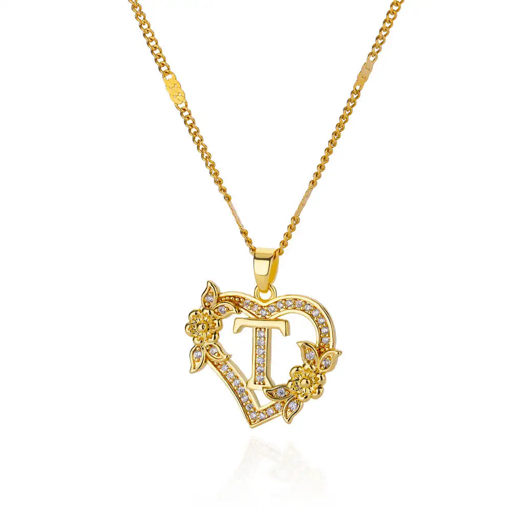 Initials Gold Necklace Zircon Flower Love Heart
