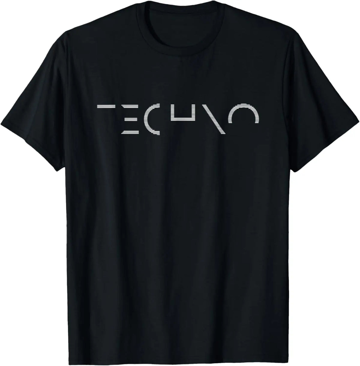 A black crewneck t-shirt featuring the text TECHNO for rave, festivals concerts and dance clubbing.