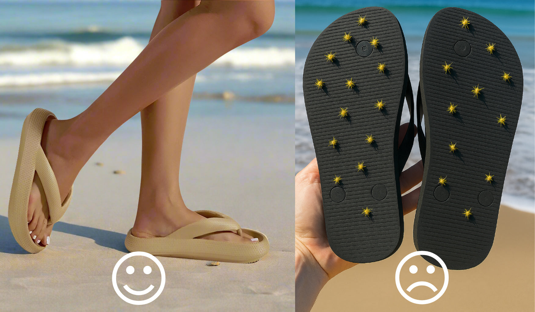 Regular flip flops thongs covered in prickly bindii thorns versus better for you thick chunky flip flops thongs