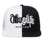 Black and white cap with 'Outlaw' Thug Life text on a white background