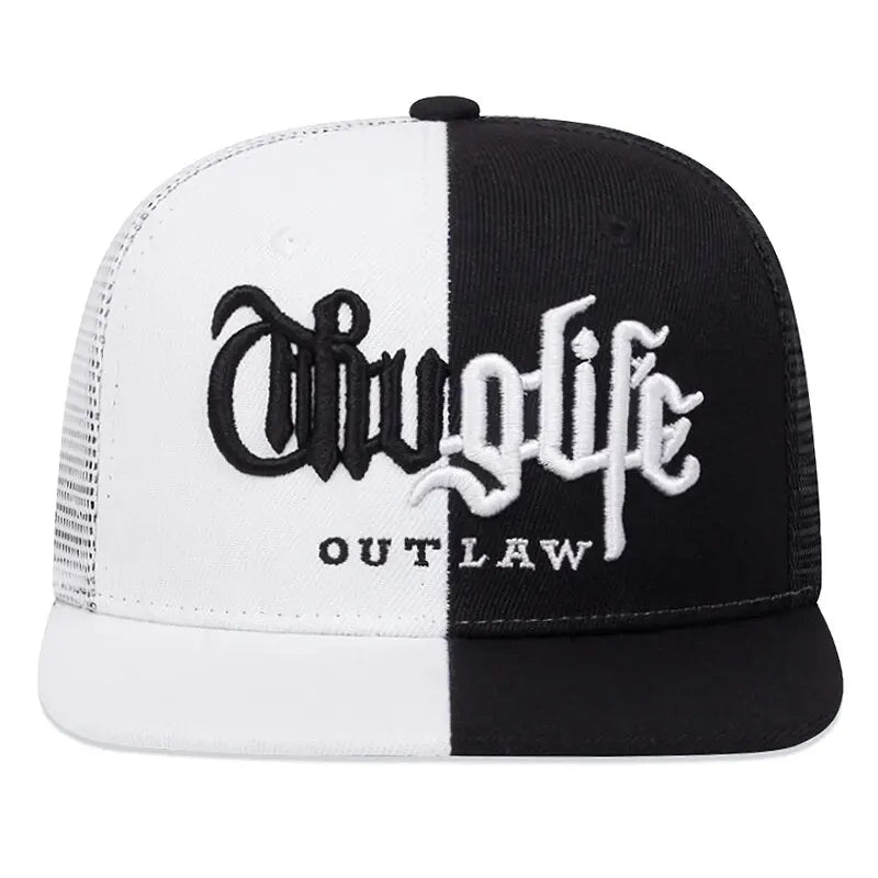Black and white cap with 'Outlaw' Thug Life text on a white background