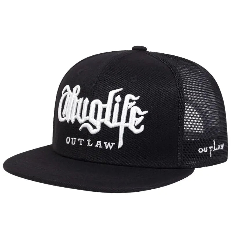 Black trucker cap with white text Thug Life OUTLAW on a white background