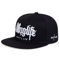 Black cap thug life with white text outlaw on a white background
