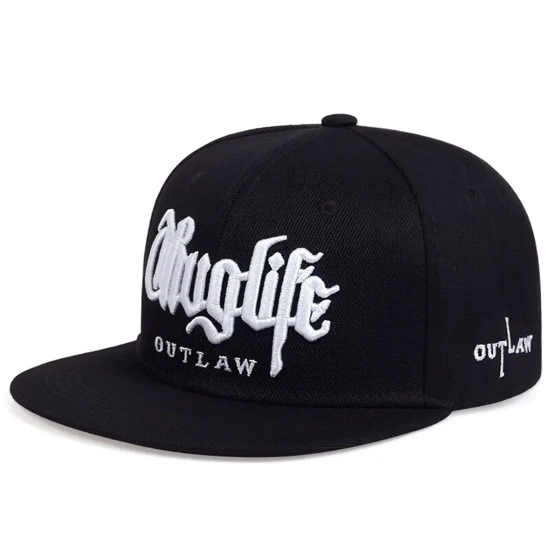 Black cap thug life with white text outlaw on a white background