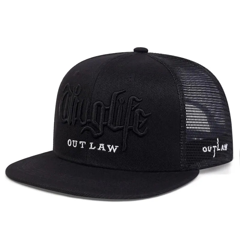 Black trucker cap with 'Thug Life Outlaw' branding on a white background