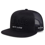 Black trucker cap with 'Thug Life Outlaw' branding on a white background
