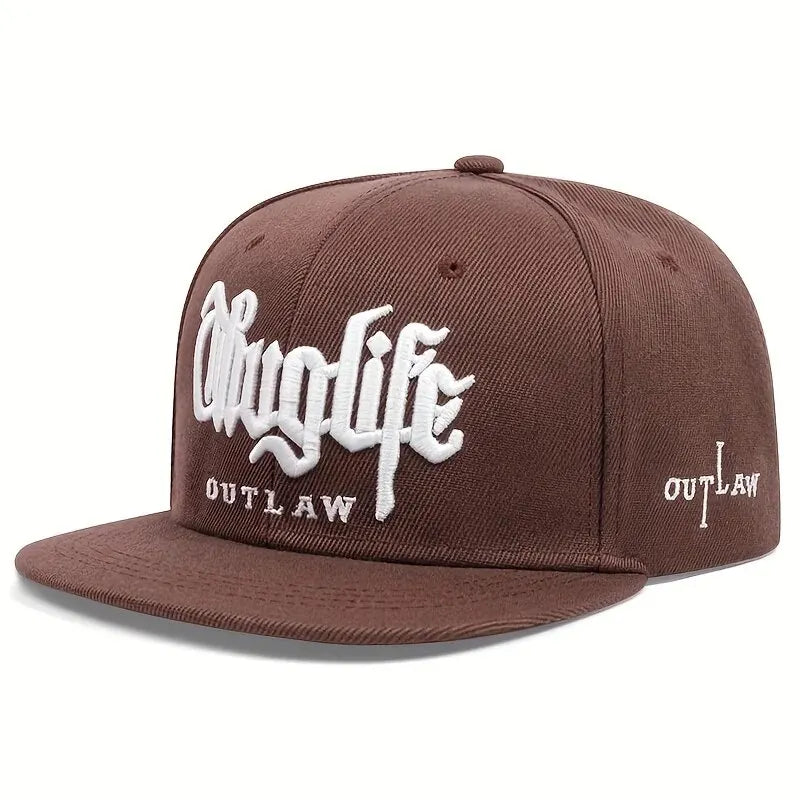 Brown cap with white text on a white background