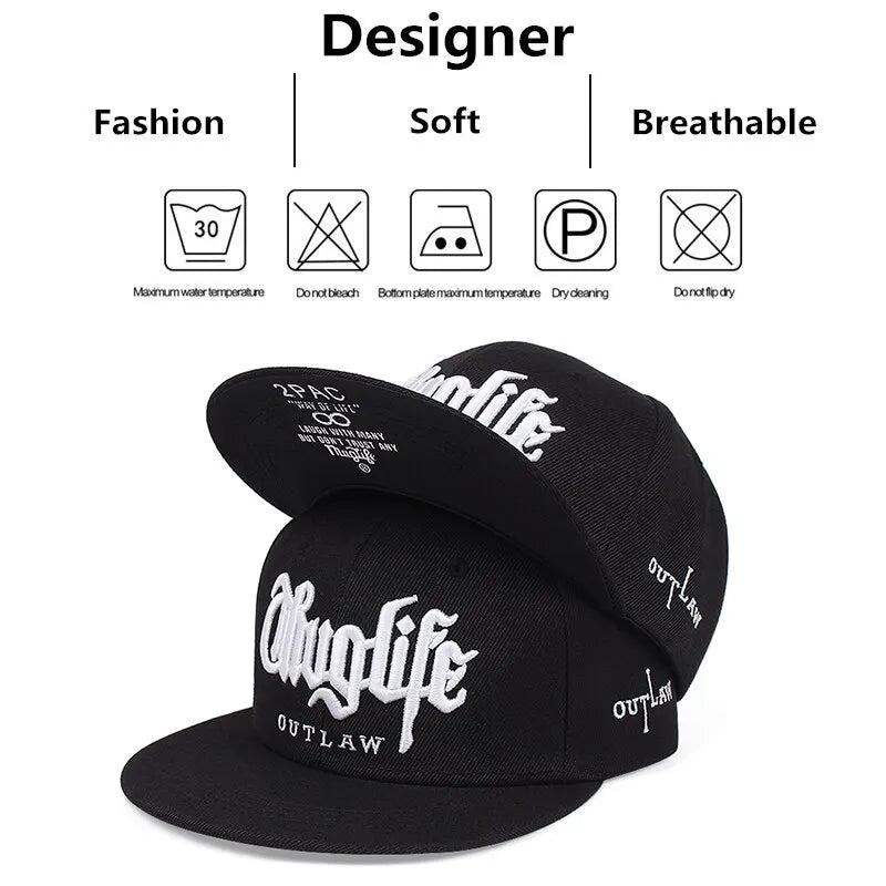 Black cap with white text and logos on a white background with text about the cap's features.