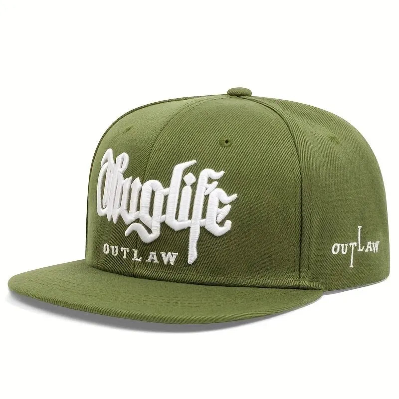 Green cap with 'Thug Life Outlaw' branding on a white background