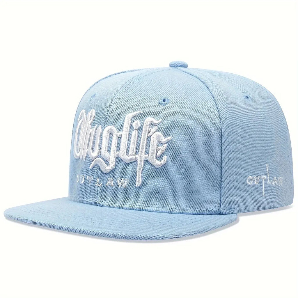 Light blue cap with white thug life outlaw text on a white background
