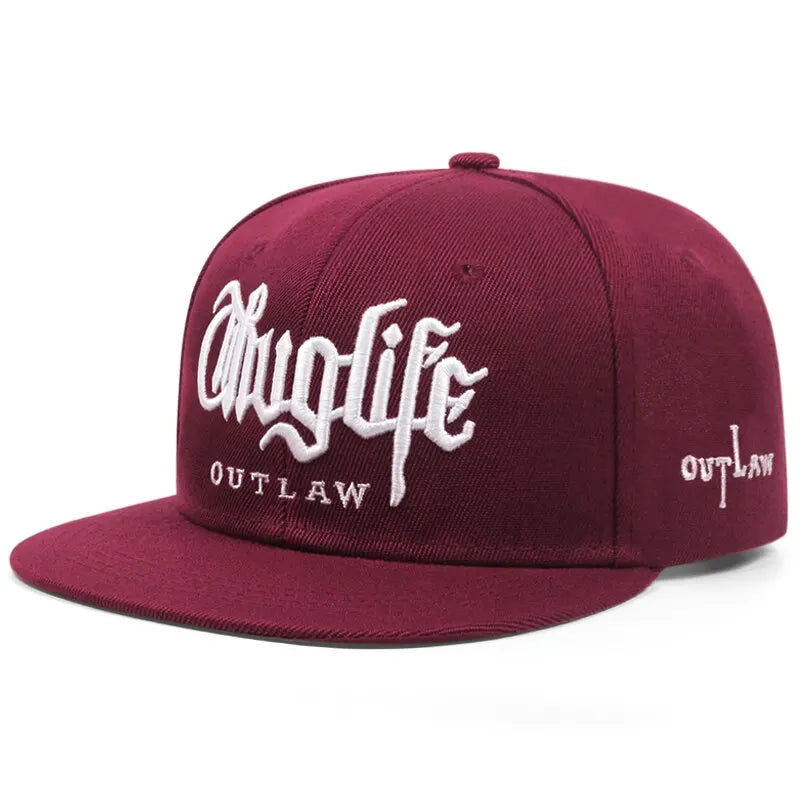 Maroon hip hop cap with white thug life outlaw text on a white background