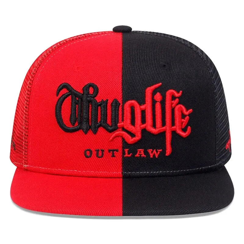 Red and black cap with 'Thug life Outlaw' text on a white background