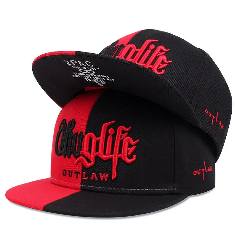 Black and red cap with 'Thug life Outlaw' text on a white background