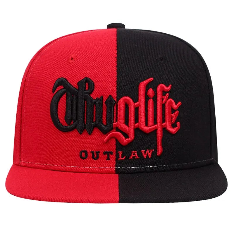 Red and black cap with 'thug life outlaw' text on a white background