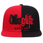 Red and black cap with 'thug life outlaw' text on a white background