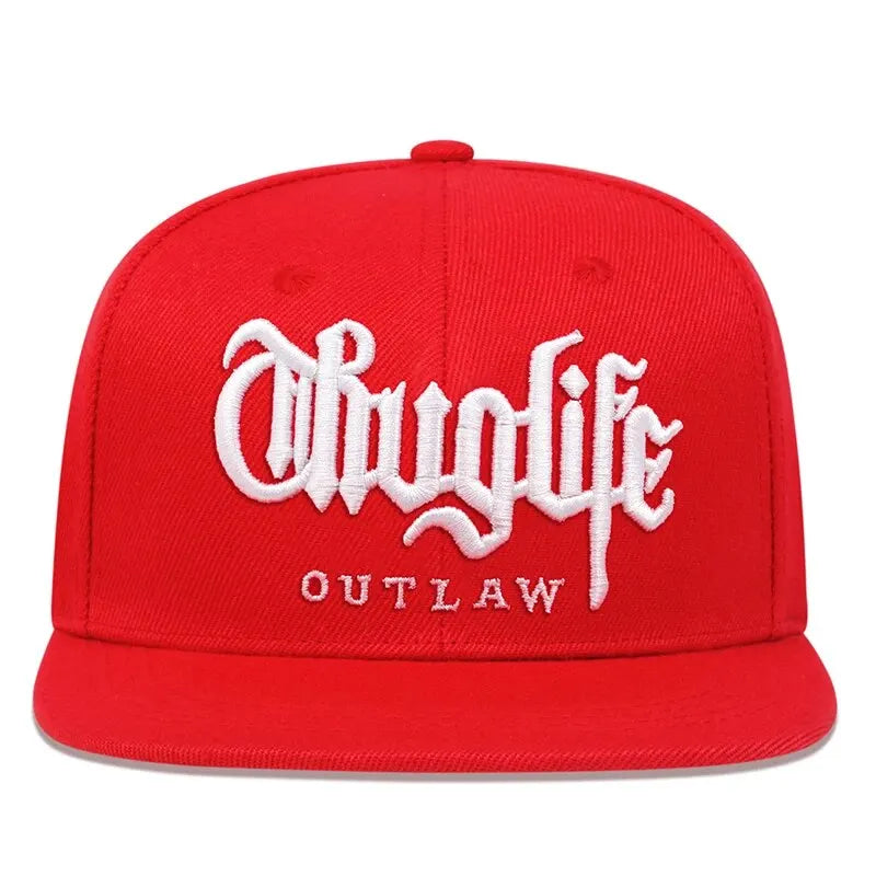 Red cap with white 'Thuglife Outlaw' text on a white background