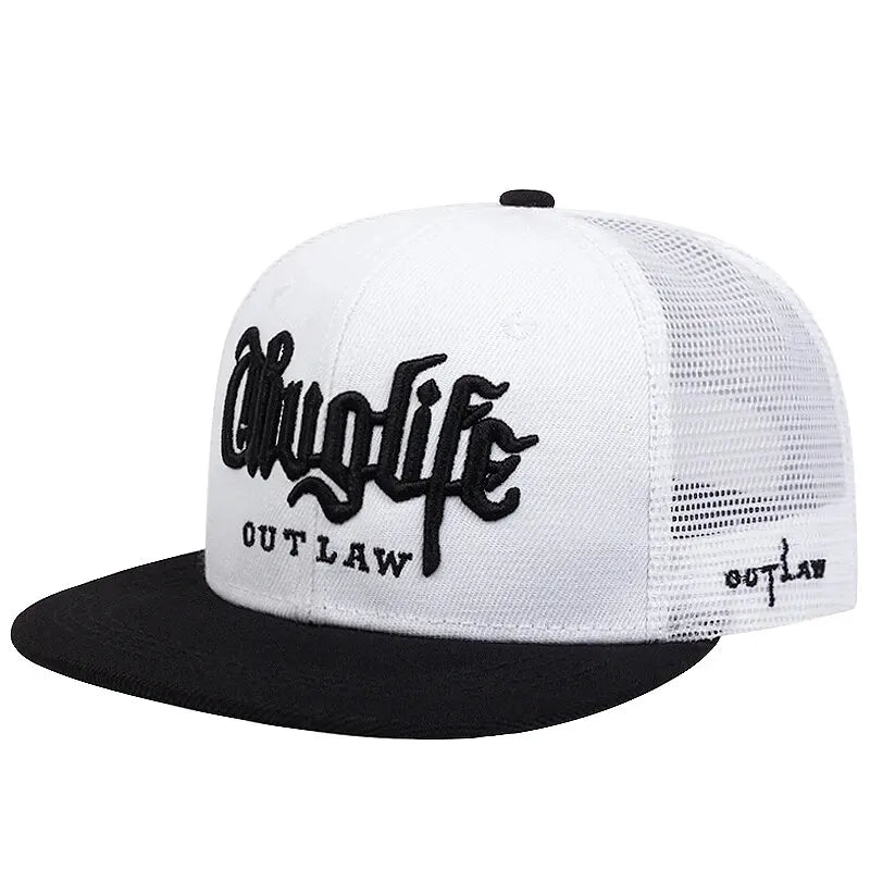White and black cap with 'Thug Life Outlaw' text on a white background