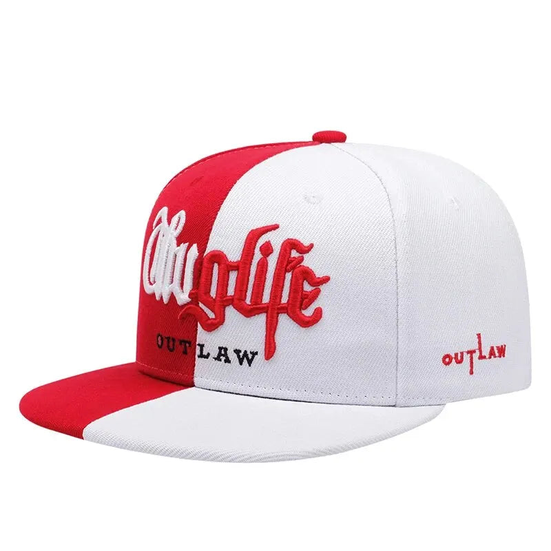 Red and white cap with 'Thug Life Outlaw' text on a white background