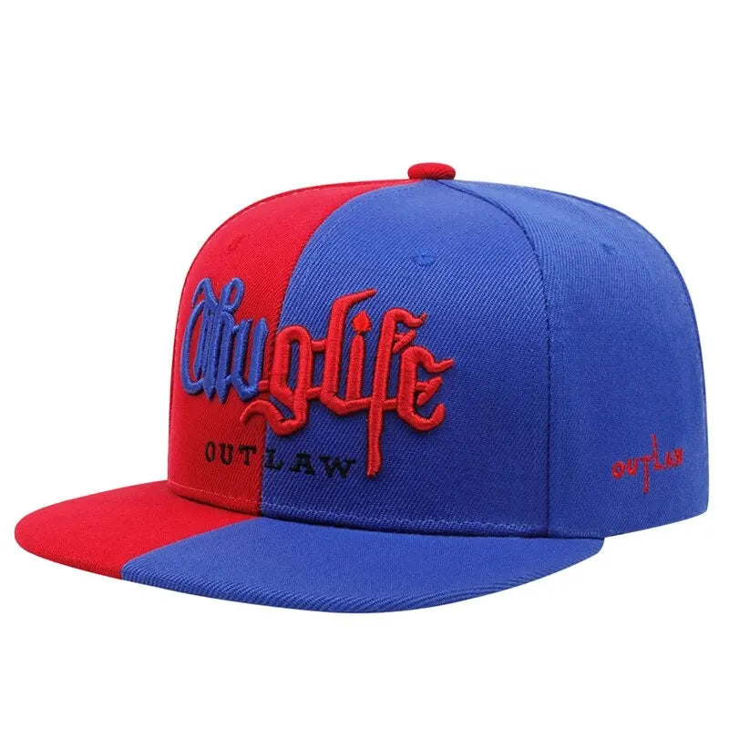 Blue and red cap with 'Thug Life Outlaw' text on a white background.