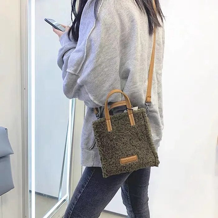 Tote Crossbody Handbag Plush Fluffy Faux-Fur-Wool Shoulder Bag Purse