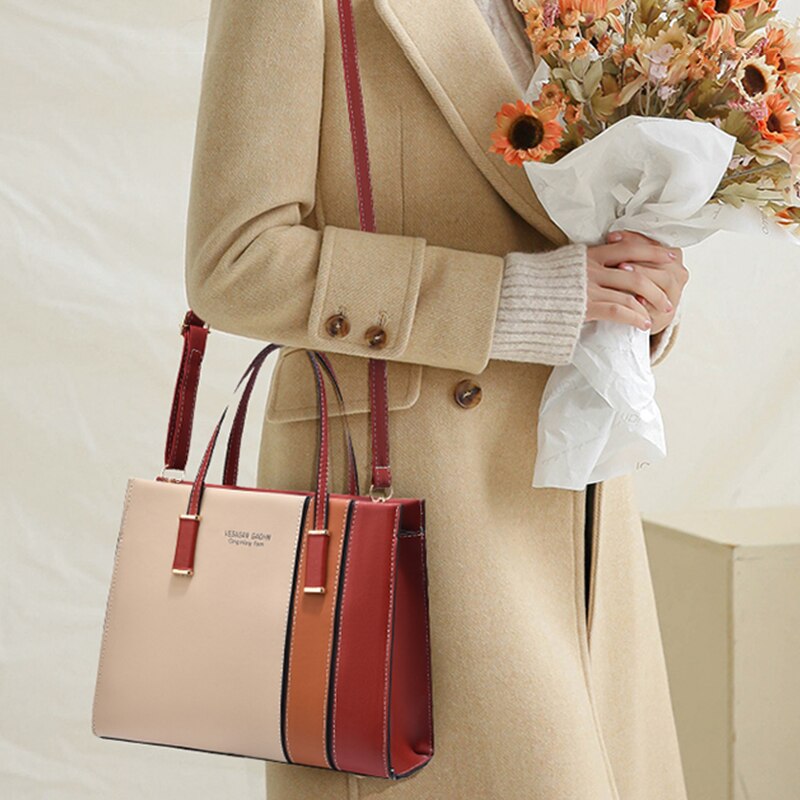 Tote Work Office Handbag Patchwork Design With Shoulder Strap
