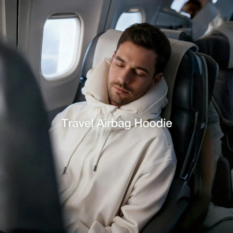 Travel Hoodie With Inbuilt Neck Pillow Inflatable Comfort Invisible Air Cushion