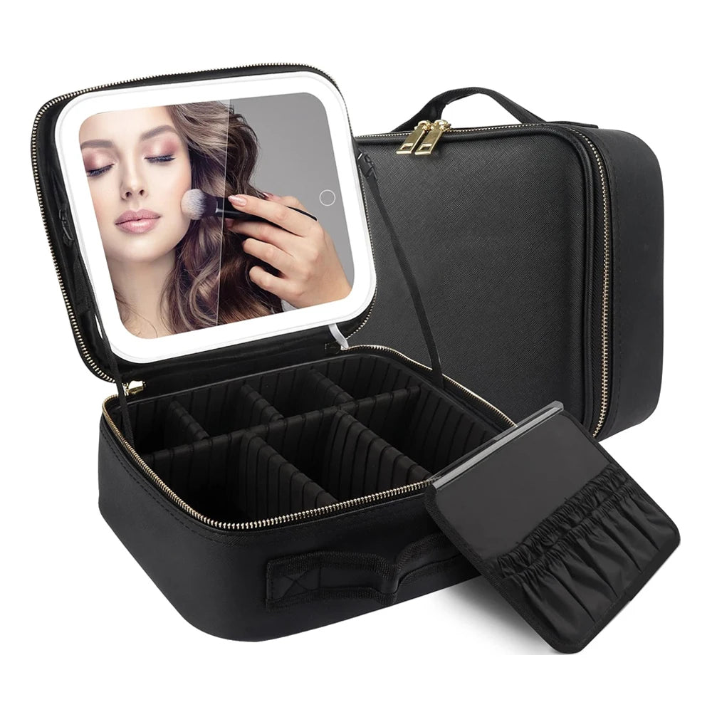 Deluxe Travel Makeup Bag Portable Cosmetics Beauty Case with LED Mirror