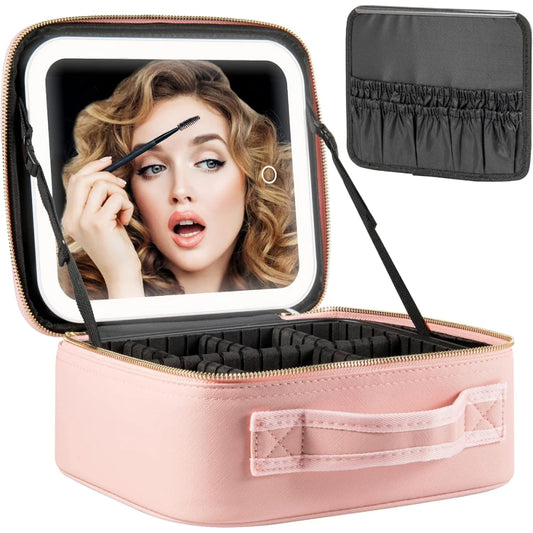 Deluxe Travel Makeup Bag Portable Cosmetics Two-Level Beauty Case with LED Mirror-Keep Melbourne Marvellous Official Store