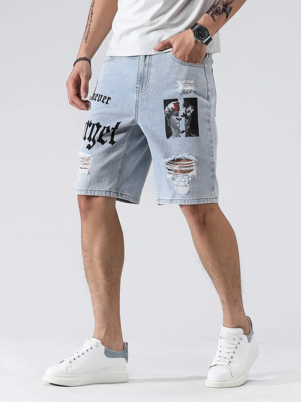 Men's Denim Baggy Shorts Distressed Knee Length Jorts