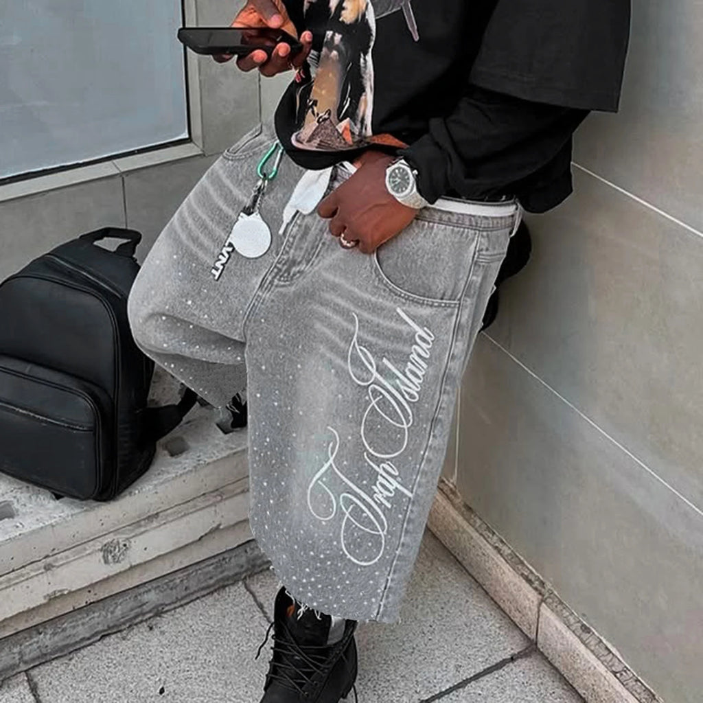 Men's Summer Denim Shorts Letter Embroidered Rhinestone Jorts Fashion Streetwear