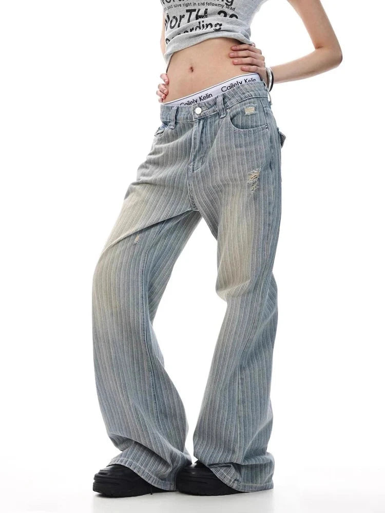 Striped Retro Denim Baggy Barrel Leg Jeans Micro Flared