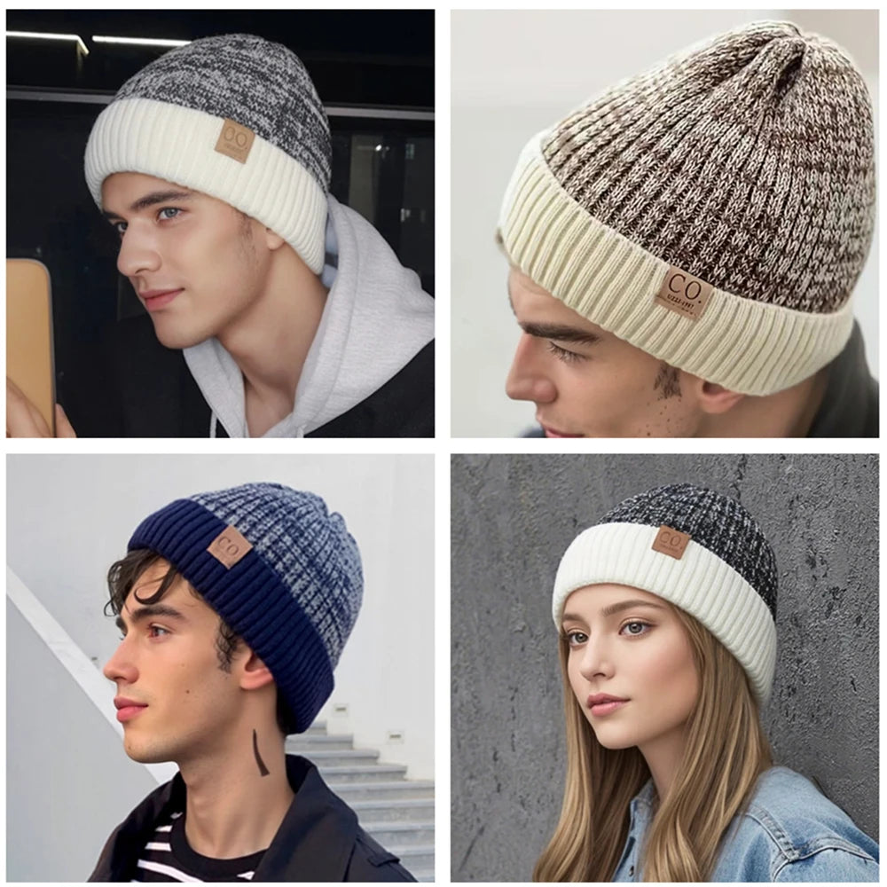 Knit Two-Tone Beanie | Warm Fur-Lined Folded-Brim Unisex Hat