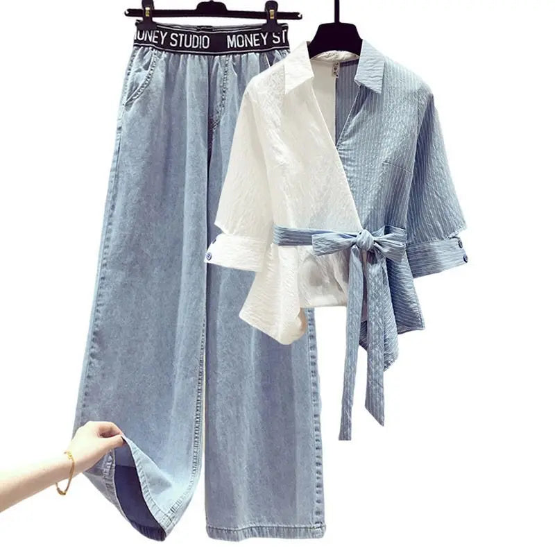 Light blue denim skirt and shirt set with a white blouse on a white background