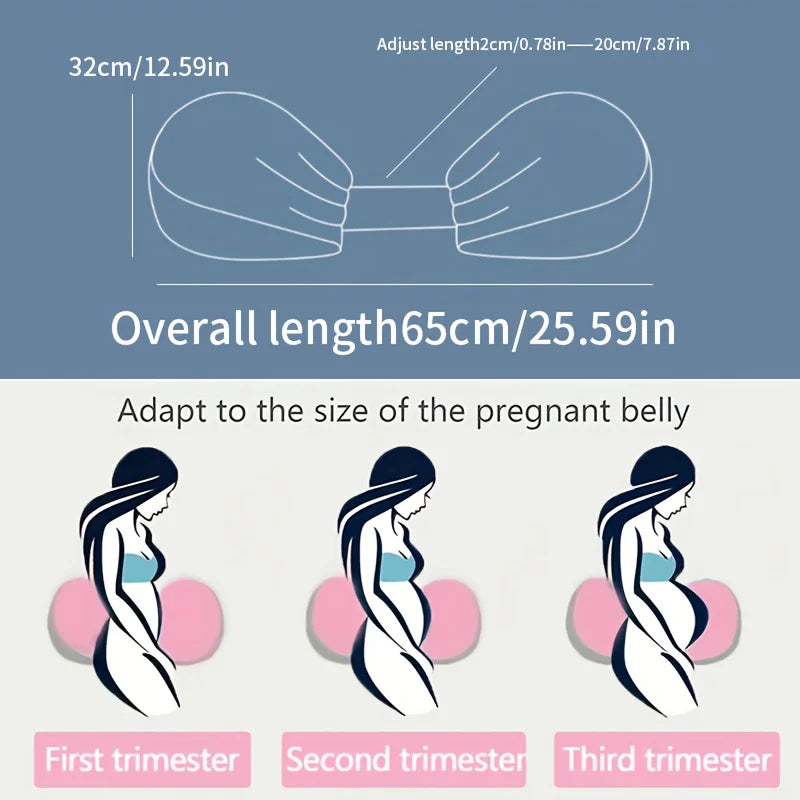 Pregnancy support belt with measurements and usage stages illustration