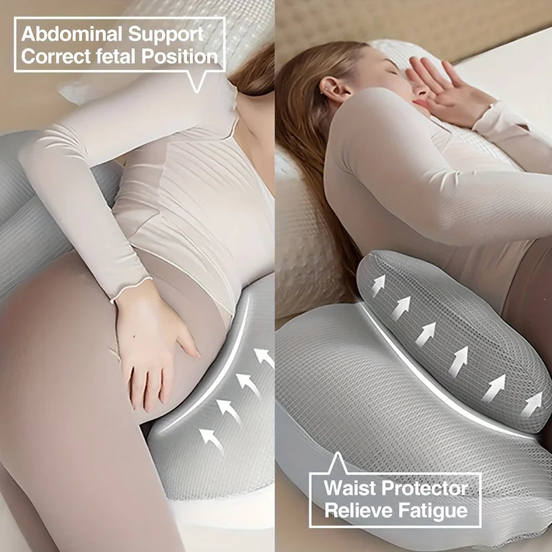 Woman using a gray abdominal support pillow with text indicating abdominal support and waist protector features.