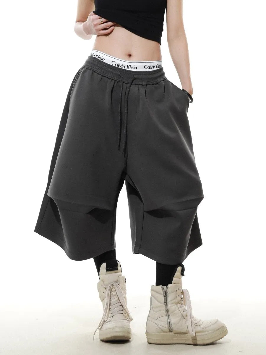 Ultra Long Baggy Sweat Shorts Irregular Pleat Wide Leg New Wave Streetwear