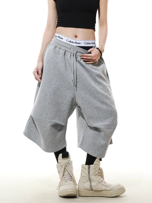 Ultra Long Baggy Sweat Shorts Irregular Pleat Wide Leg New Wave Streetwear