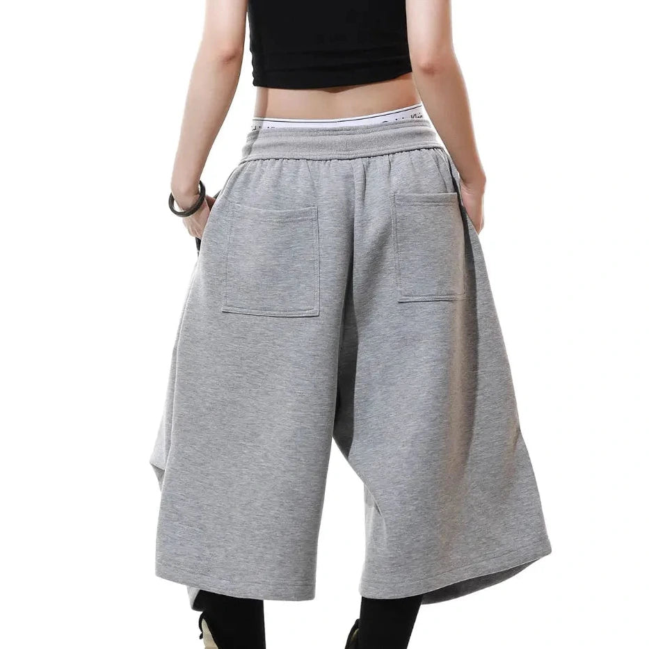 Ultra Long Baggy Sweat Shorts Irregular Pleat Wide Leg New Wave Streetwear