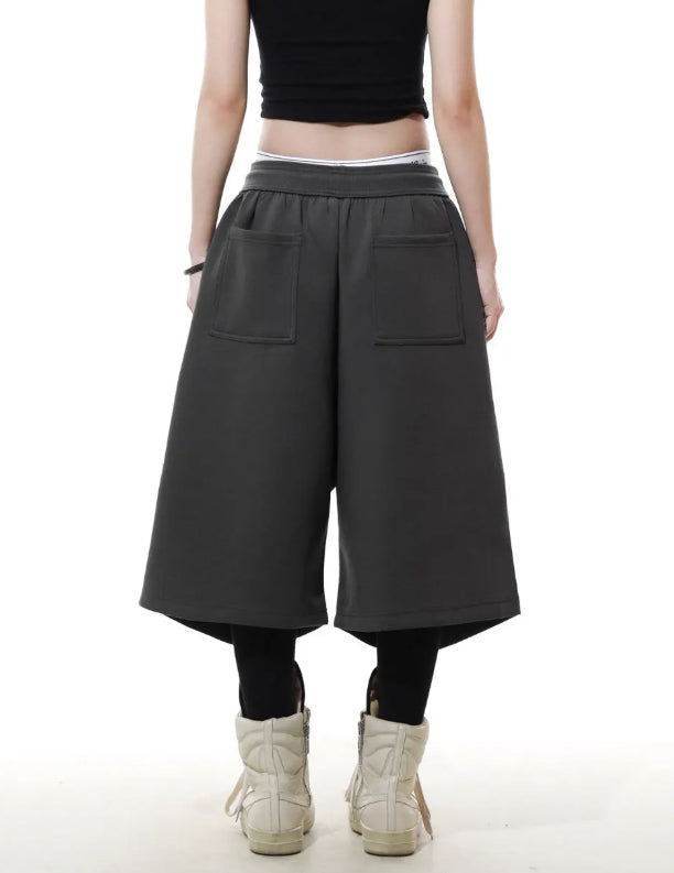 Ultra Long Baggy Sweat Shorts Irregular Pleat Wide Leg New Wave Streetwear