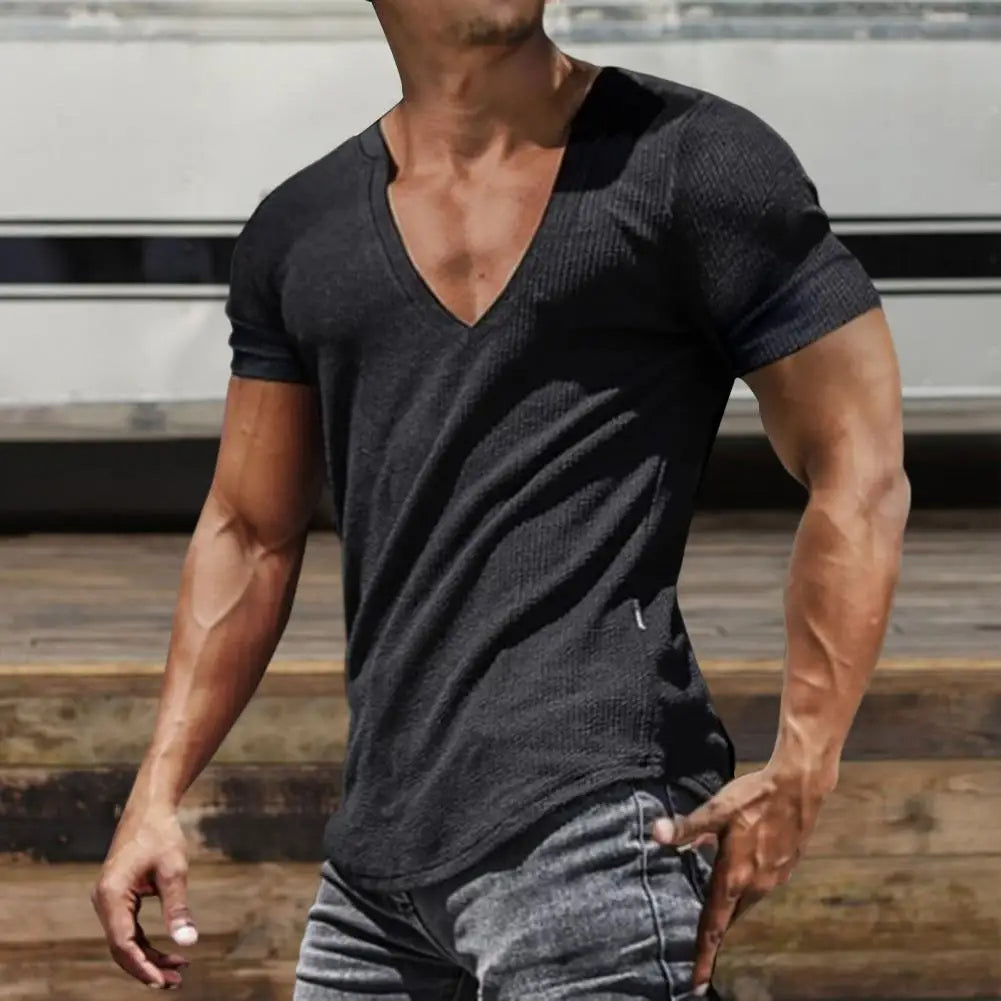 V-Neck Solid Colour T-shirt Breathable Quick Dry Summer Men's Pullover Top