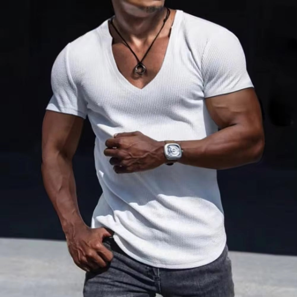 V-Neck Solid Colour T-shirt Breathable Quick Dry Summer Men's Pullover Top