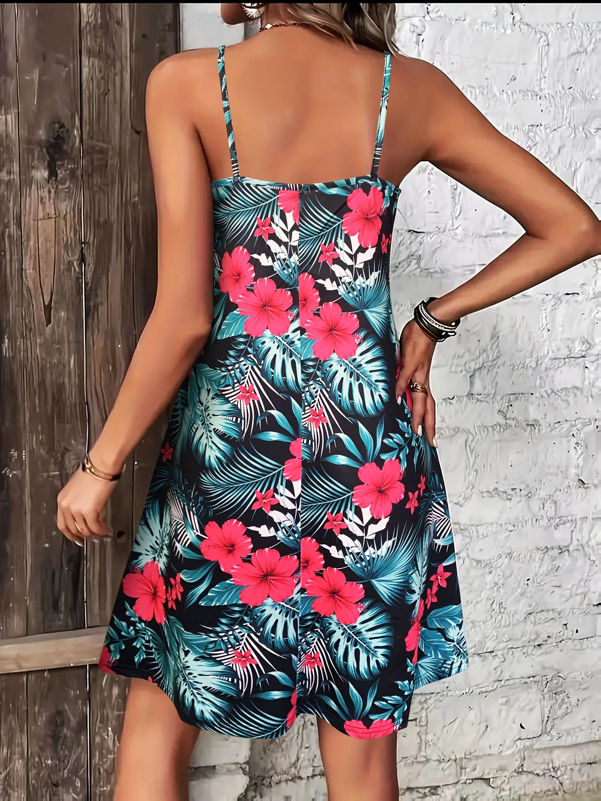 V-Neck Spaghetti Strap Dress Holiday Resort Wear Boho Hawaiian Tropical Frock