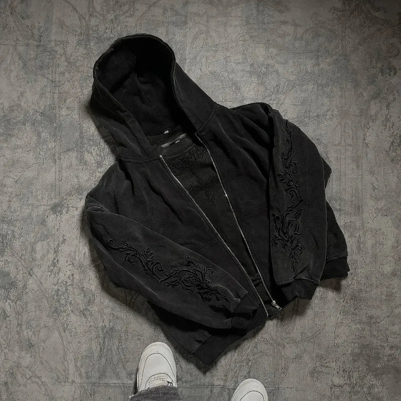 Vine Embroidered Hoodie Gothic High Street Washed Y2K Streetwear Unisex