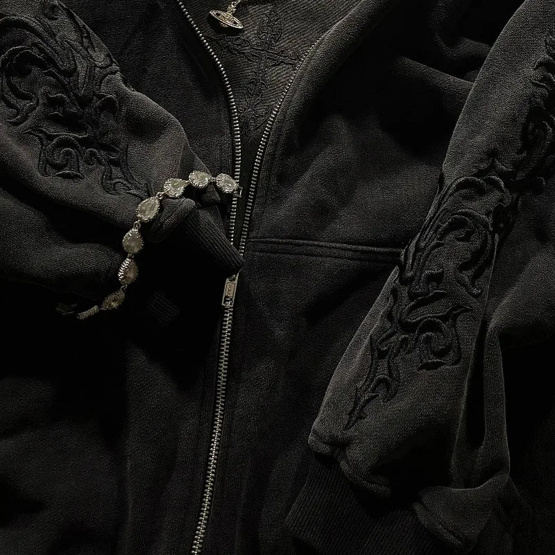Vine Embroidered Hoodie Gothic High Street Washed Y2K Streetwear Unisex